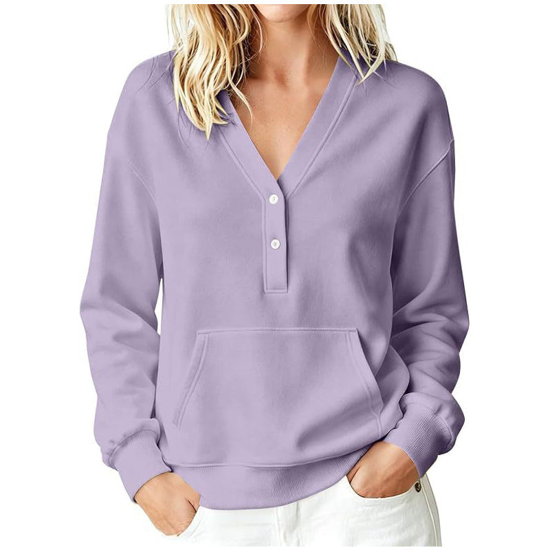 📢📢50% Rabatt!!! 🎉✨ Legeres Damen-Sweatshirt mit V-Ausschnitt & Knöpfen – Lässiger V-Ausschnitt, praktische Knopfleiste und weiches Material – perfekt für einen entspannten Look im Alltag & in der Freizeit. Jetzt -50%!