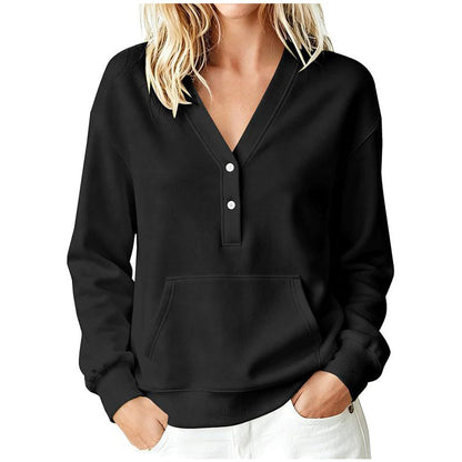 📢📢50% Rabatt!!! 🎉✨ Legeres Damen-Sweatshirt mit V-Ausschnitt & Knöpfen – Lässiger V-Ausschnitt, praktische Knopfleiste und weiches Material – perfekt für einen entspannten Look im Alltag & in der Freizeit. Jetzt -50%!
