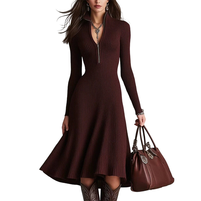 📢📢50% Rabatt!!! 🎉✨ Damen Geripptes Slim-Fit Kleid mit halbem Reißverschluss