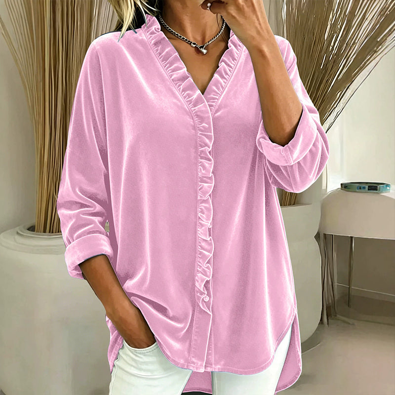 📢📢50% Rabatt!!! 🎉✨ Damen-Bluse in Unifarbe mit Rüschenkragen – Schlichte einfarbige Bluse, verspielter Rüschenkragen und weiches Material – perfekt für einen eleganten Look im Alltag & im Büro. Jetzt -50%!
