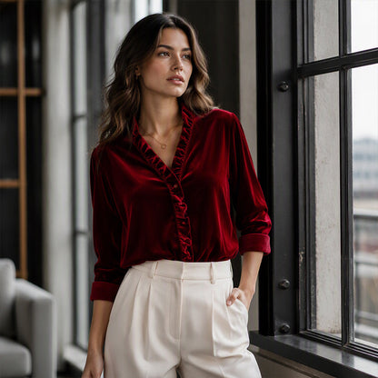 📢📢50% Rabatt!!! 🎉✨ Damen-Bluse in Unifarbe mit Rüschenkragen – Schlichte einfarbige Bluse, verspielter Rüschenkragen und weiches Material – perfekt für einen eleganten Look im Alltag & im Büro. Jetzt -50%!