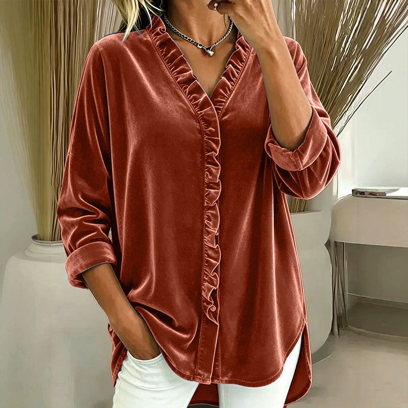 📢📢50% Rabatt!!! 🎉✨ Damen-Bluse in Unifarbe mit Rüschenkragen – Schlichte einfarbige Bluse, verspielter Rüschenkragen und weiches Material – perfekt für einen eleganten Look im Alltag & im Büro. Jetzt -50%!