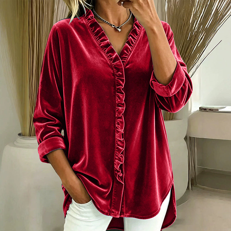 📢📢50% Rabatt!!! 🎉✨ Damen-Bluse in Unifarbe mit Rüschenkragen – Schlichte einfarbige Bluse, verspielter Rüschenkragen und weiches Material – perfekt für einen eleganten Look im Alltag & im Büro. Jetzt -50%!