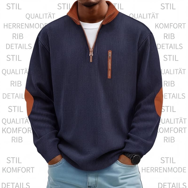 📊 +200.000 ventes – merci avec une remise de -50% ! Herren-Sweatshirt mit Farbblockmuster aus Cord und Halb-Reißverschluss