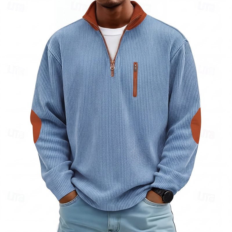 📊 +200.000 ventes – merci avec une remise de -50% ! Herren-Sweatshirt mit Farbblockmuster aus Cord und Halb-Reißverschluss