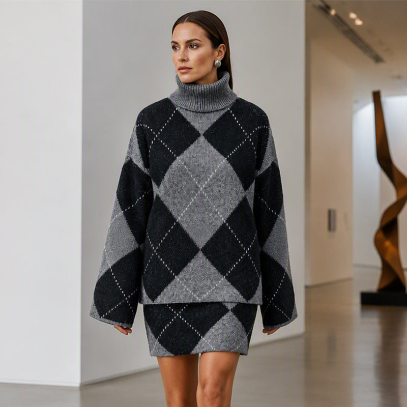 📢📢50% Rabatt!!! 🎉✨ Damen-Set aus argyle Strickpullover & Rock