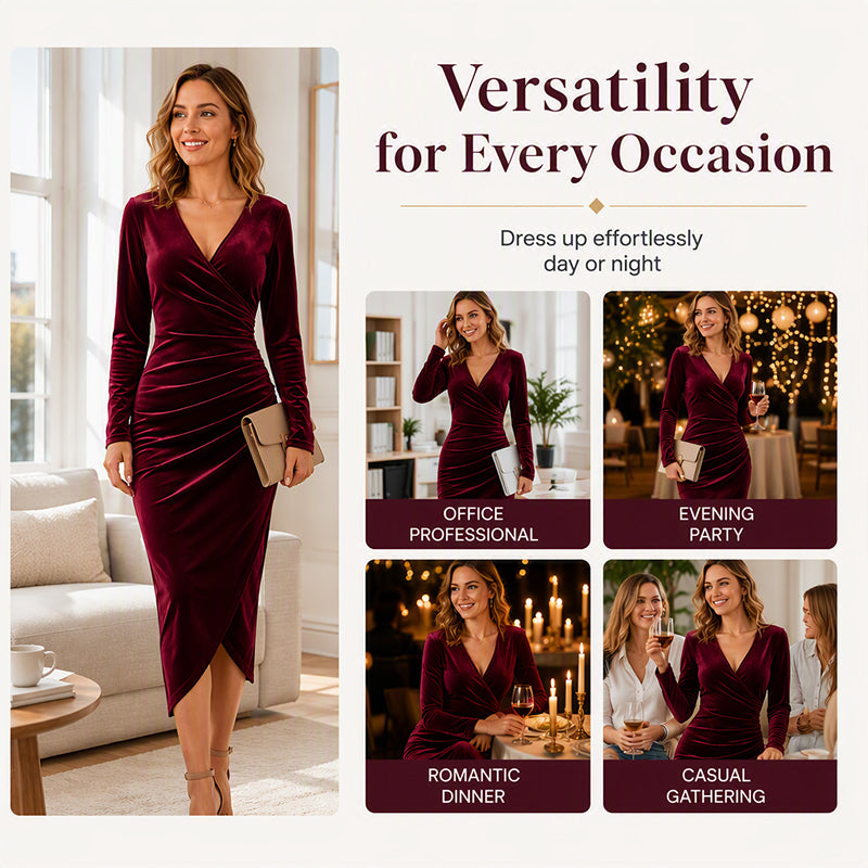 📢📢50% Rabatt!!! 🎉✨ Damen Samtkleid mit V-Ausschnitt & Raffung – Edler Samt, figurbetonter Schnitt und raffinierte Raffung – perfekt für einen glamourösen Look im Alltag & zu besonderen Anlässen. Jetzt -50%!