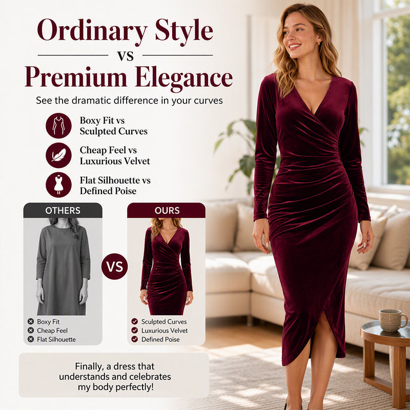 📢📢50% Rabatt!!! 🎉✨ Damen Samtkleid mit V-Ausschnitt & Raffung – Edler Samt, figurbetonter Schnitt und raffinierte Raffung – perfekt für einen glamourösen Look im Alltag & zu besonderen Anlässen. Jetzt -50%!