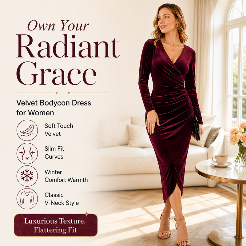 📢📢50% Rabatt!!! 🎉✨ Damen Samtkleid mit V-Ausschnitt & Raffung – Edler Samt, figurbetonter Schnitt und raffinierte Raffung – perfekt für einen glamourösen Look im Alltag & zu besonderen Anlässen. Jetzt -50%!