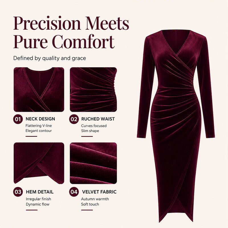 📢📢50% Rabatt!!! 🎉✨ Damen Samtkleid mit V-Ausschnitt & Raffung – Edler Samt, figurbetonter Schnitt und raffinierte Raffung – perfekt für einen glamourösen Look im Alltag & zu besonderen Anlässen. Jetzt -50%!