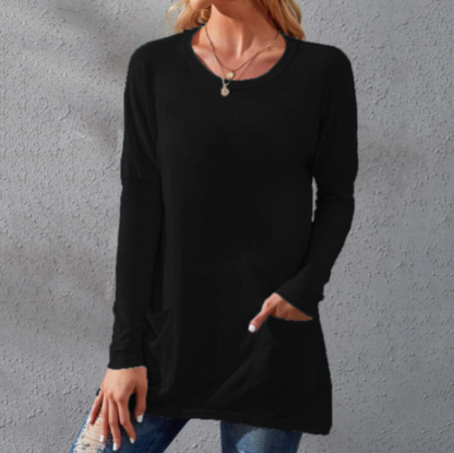 📢📢50% Rabatt!!! 🎉✨ Lässiges Damen-T-Shirt – langärmlig, locker, einfarbig, mit Rundhalsausschnitt & Taschen