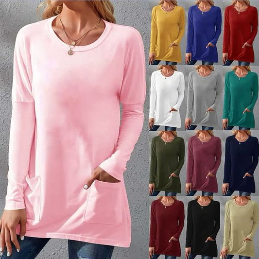 📢📢50% Rabatt!!! 🎉✨ Lässiges Damen-T-Shirt – langärmlig, locker, einfarbig, mit Rundhalsausschnitt & Taschen