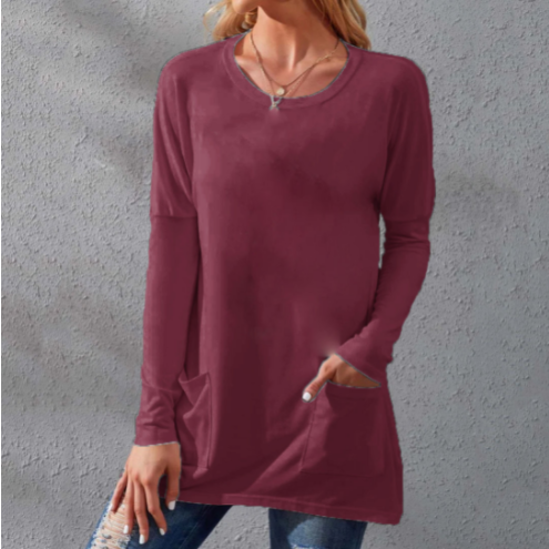 📢📢50% Rabatt!!! 🎉✨ Lässiges Damen-T-Shirt – langärmlig, locker, einfarbig, mit Rundhalsausschnitt & Taschen