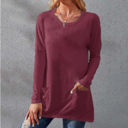 📢📢50% Rabatt!!! 🎉✨ Lässiges Damen-T-Shirt – langärmlig, locker, einfarbig, mit Rundhalsausschnitt & Taschen