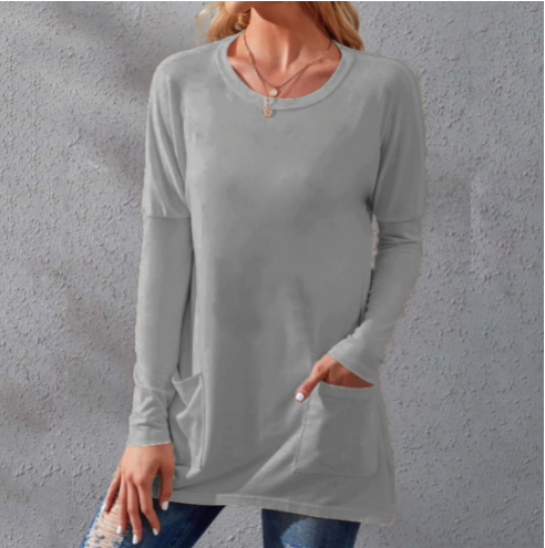 📢📢50% Rabatt!!! 🎉✨ Lässiges Damen-T-Shirt – langärmlig, locker, einfarbig, mit Rundhalsausschnitt & Taschen
