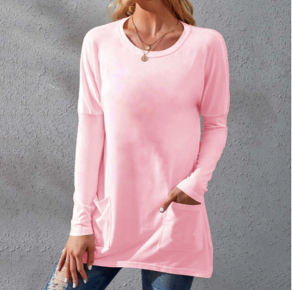 📢📢50% Rabatt!!! 🎉✨ Lässiges Damen-T-Shirt – langärmlig, locker, einfarbig, mit Rundhalsausschnitt & Taschen