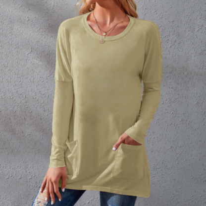 📢📢50% Rabatt!!! 🎉✨ Lässiges Damen-T-Shirt – langärmlig, locker, einfarbig, mit Rundhalsausschnitt & Taschen