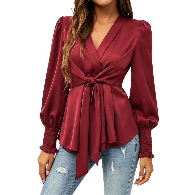📢📢50% Rabatt!!! 🎉✨ Elegante Damenbluse mit V-Ausschnitt & Taillenbindung
