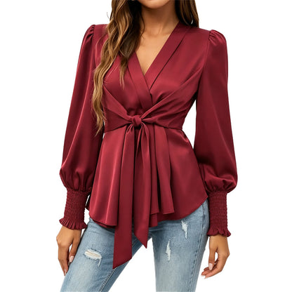 📢📢50% Rabatt!!! 🎉✨ Elegante Damenbluse mit V-Ausschnitt & Taillenbindung