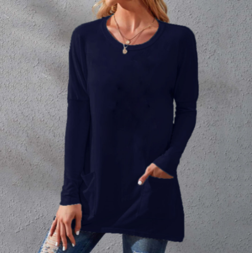 📢📢50% Rabatt!!! 🎉✨ Lässiges Damen-T-Shirt – langärmlig, locker, einfarbig, mit Rundhalsausschnitt & Taschen