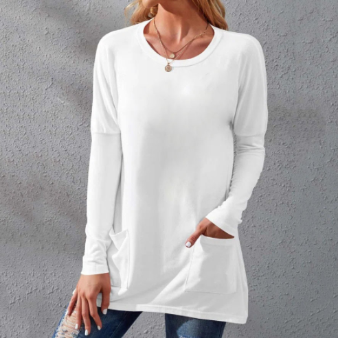 📢📢50% Rabatt!!! 🎉✨ Lässiges Damen-T-Shirt – langärmlig, locker, einfarbig, mit Rundhalsausschnitt & Taschen