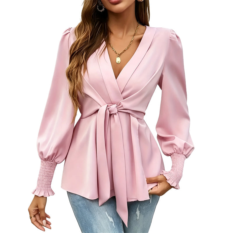 📢📢50% Rabatt!!! 🎉✨ Elegante Damenbluse mit V-Ausschnitt & Taillenbindung