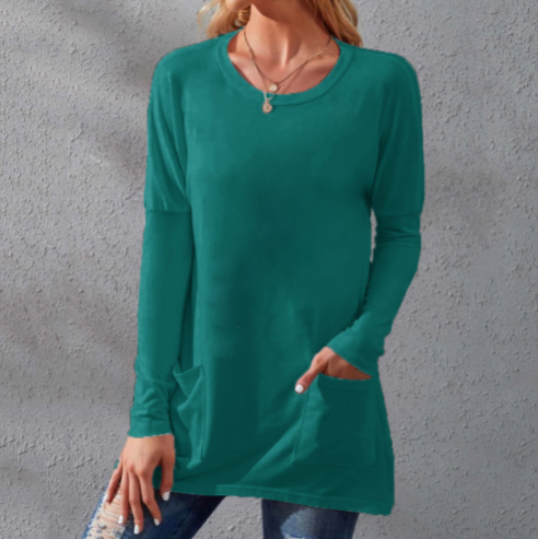 📢📢50% Rabatt!!! 🎉✨ Lässiges Damen-T-Shirt – langärmlig, locker, einfarbig, mit Rundhalsausschnitt & Taschen