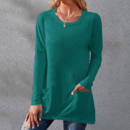 📢📢50% Rabatt!!! 🎉✨ Lässiges Damen-T-Shirt – langärmlig, locker, einfarbig, mit Rundhalsausschnitt & Taschen