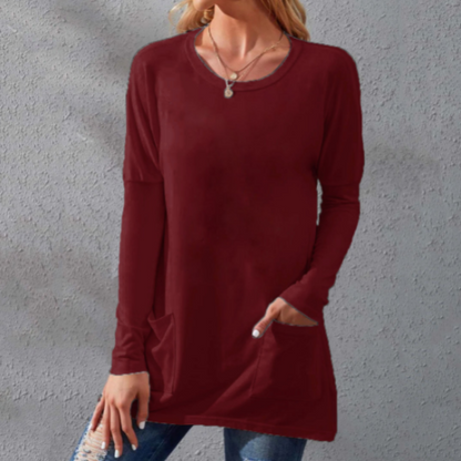 📢📢50% Rabatt!!! 🎉✨ Lässiges Damen-T-Shirt – langärmlig, locker, einfarbig, mit Rundhalsausschnitt & Taschen