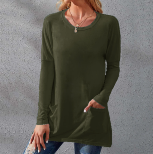 📢📢50% Rabatt!!! 🎉✨ Lässiges Damen-T-Shirt – langärmlig, locker, einfarbig, mit Rundhalsausschnitt & Taschen