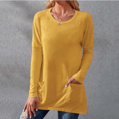📢📢50% Rabatt!!! 🎉✨ Lässiges Damen-T-Shirt – langärmlig, locker, einfarbig, mit Rundhalsausschnitt & Taschen