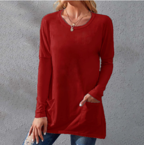 📢📢50% Rabatt!!! 🎉✨ Lässiges Damen-T-Shirt – langärmlig, locker, einfarbig, mit Rundhalsausschnitt & Taschen