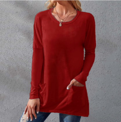 📢📢50% Rabatt!!! 🎉✨ Lässiges Damen-T-Shirt – langärmlig, locker, einfarbig, mit Rundhalsausschnitt & Taschen