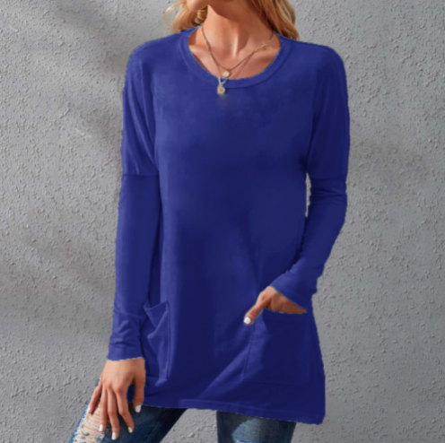 📢📢50% Rabatt!!! 🎉✨ Lässiges Damen-T-Shirt – langärmlig, locker, einfarbig, mit Rundhalsausschnitt & Taschen