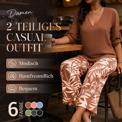 📢📢50% Rabatt!!! 🎉✨ Damen-Set aus V-Ausschnitt-Bluse & bedruckter Weithose