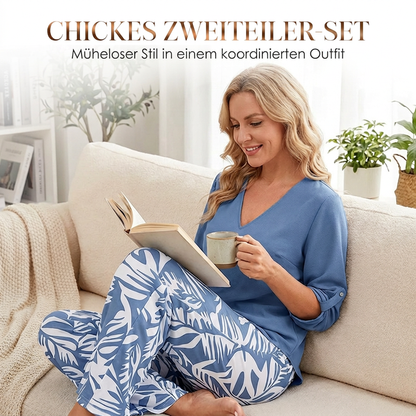 📢📢50% Rabatt!!! 🎉✨ Damen-Set aus V-Ausschnitt-Bluse & bedruckter Weithose