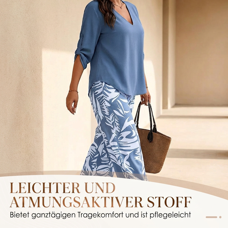 📢📢50% Rabatt!!! 🎉✨ Damen-Set aus V-Ausschnitt-Bluse & bedruckter Weithose