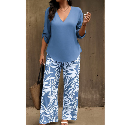 📢📢50% Rabatt!!! 🎉✨ Damen-Set aus V-Ausschnitt-Bluse & bedruckter Weithose
