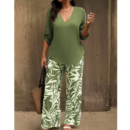 📢📢50% Rabatt!!! 🎉✨ Damen-Set aus V-Ausschnitt-Bluse & bedruckter Weithose
