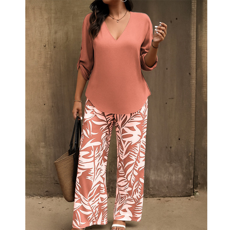📢📢50% Rabatt!!! 🎉✨ Damen-Set aus V-Ausschnitt-Bluse & bedruckter Weithose