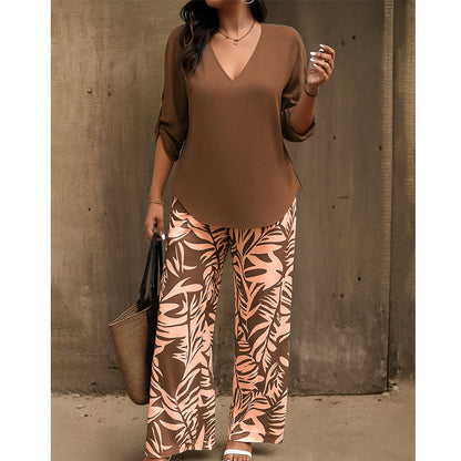 📢📢50% Rabatt!!! 🎉✨ Damen-Set aus V-Ausschnitt-Bluse & bedruckter Weithose