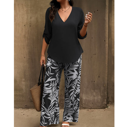 📢📢50% Rabatt!!! 🎉✨ Damen-Set aus V-Ausschnitt-Bluse & bedruckter Weithose