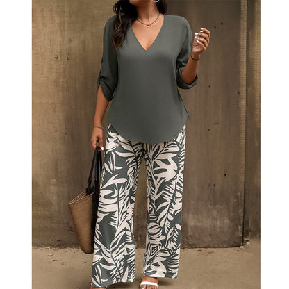 📢📢50% Rabatt!!! 🎉✨ Damen-Set aus V-Ausschnitt-Bluse & bedruckter Weithose