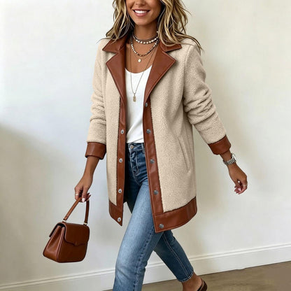 🧥🌸 Jetzt im Trend –Damen Plüschjacke mit Revers und Patchwork-Design