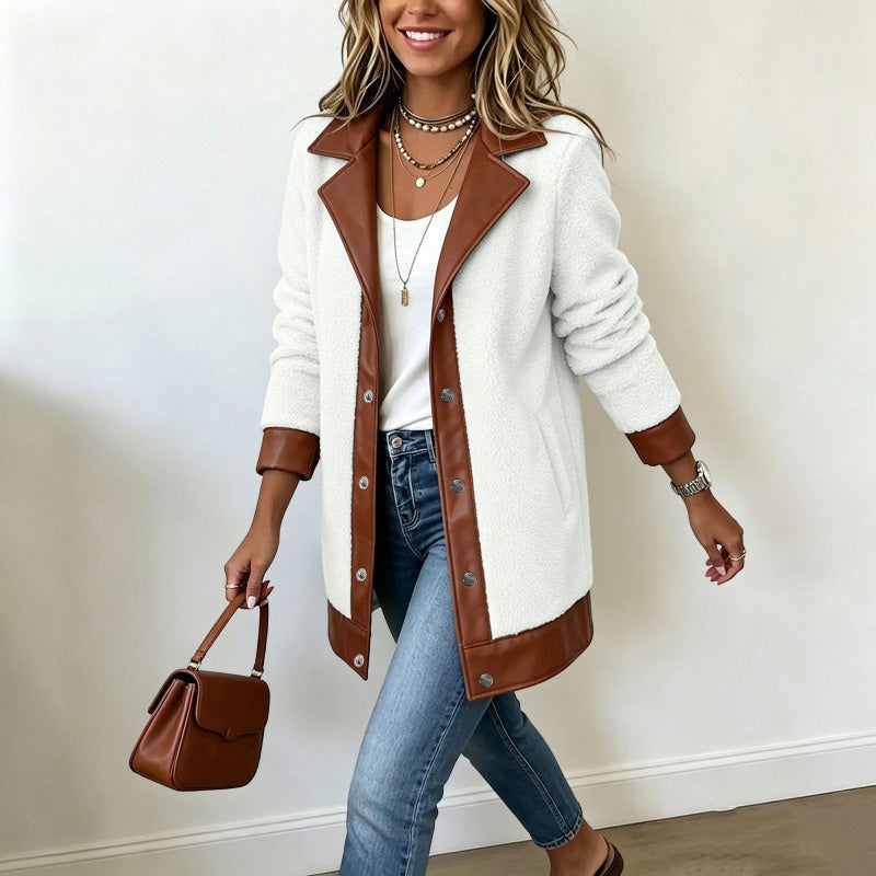 🧥🌸 Jetzt im Trend –Damen Plüschjacke mit Revers und Patchwork-Design