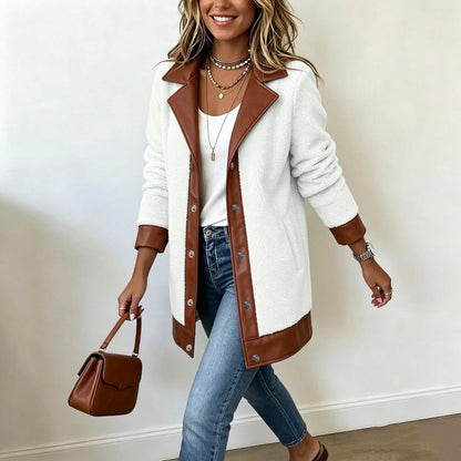 🧥🌸 Jetzt im Trend –Damen Plüschjacke mit Revers und Patchwork-Design