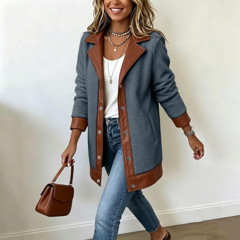 🧥🌸 Jetzt im Trend –Damen Plüschjacke mit Revers und Patchwork-Design
