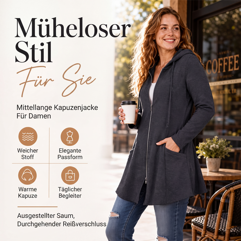 📢🎉50%Rabatt!!!🛍️✨Damen Kapuzenjacke mit Reißverschluss, mittellang