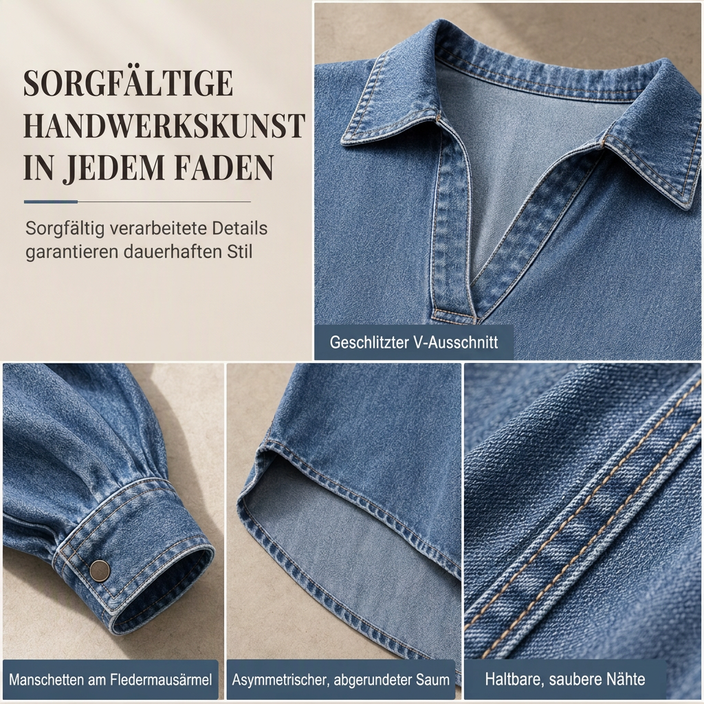 📢📢50%Rabatt!!!🎉✨Lässiges, lockeres Jeans-Pullover-Oberteil für Damen mit V-Ausschnitt, Fledermausärmeln und asymmetrischem Saum