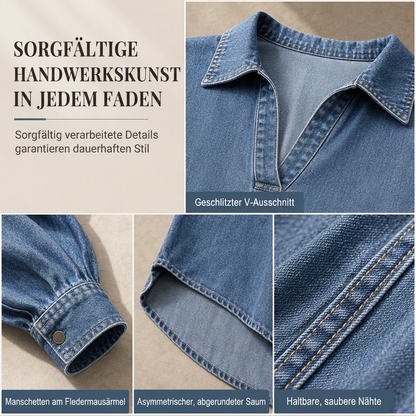 📢📢50%Rabatt!!!🎉✨Lässiges, lockeres Jeans-Pullover-Oberteil für Damen mit V-Ausschnitt, Fledermausärmeln und asymmetrischem Saum